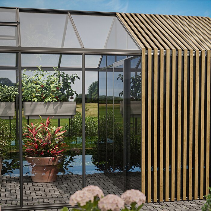 Accoya Fusion-drivhus med integrert bod og sammenhengende klassisk arkitektur