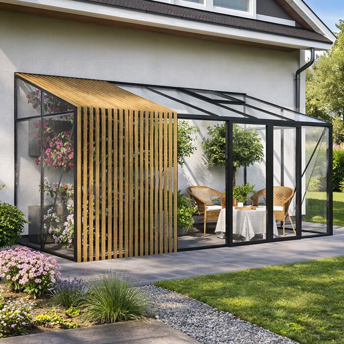Premium veggdrivhus med Accoya-design integrert ved terrasse