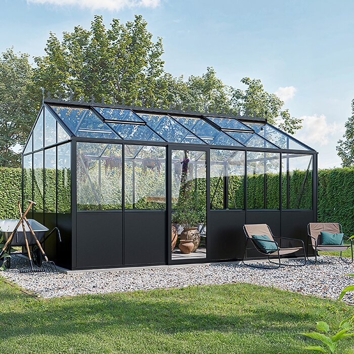Lux Prestige som arkitektonisk hagerom med aluminium, glass og integrert base