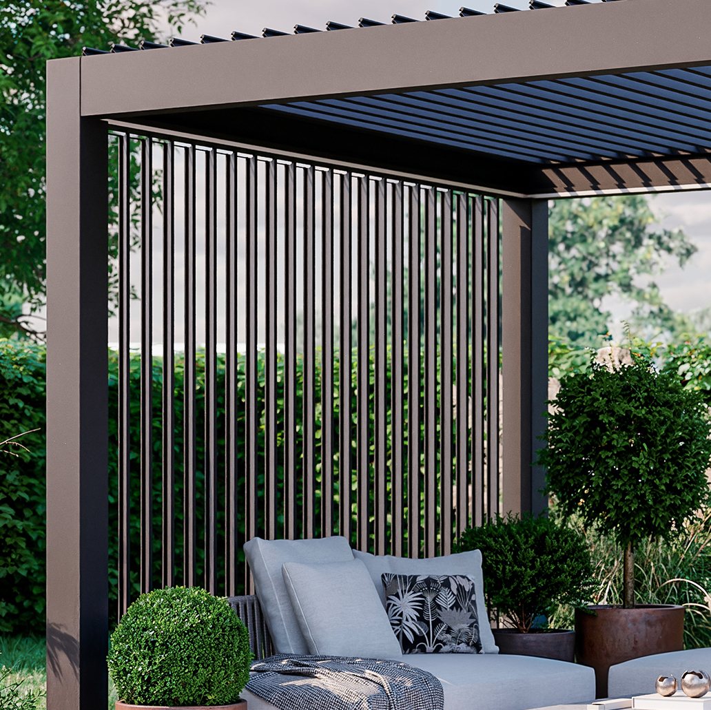 Nærbilde av materialovergang og konstruksjonsdetaljer på pergola