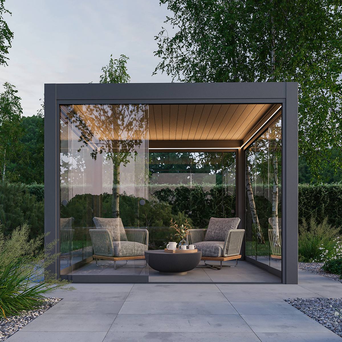 Pergola integrert i et helhetlig uteområde med planlagt vannavledning