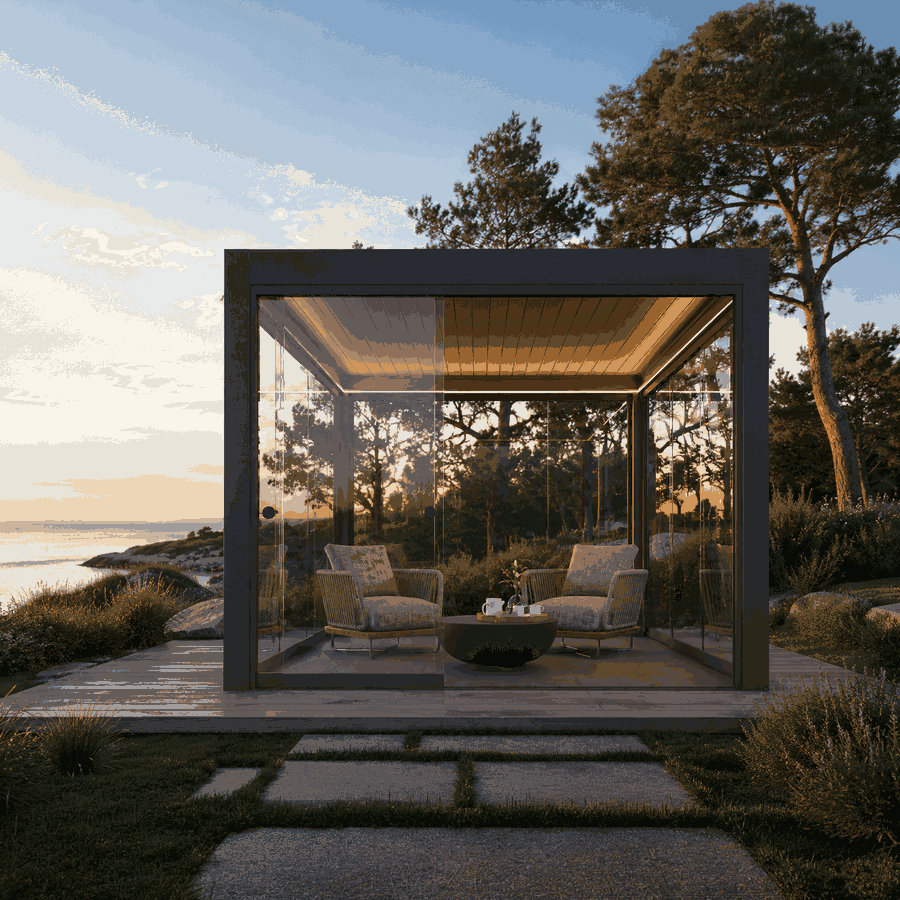 Veggmontert pergola med aluminiumskonstruksjon og regulerbare lameller