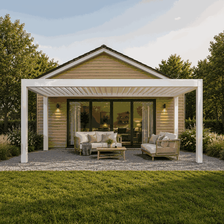 Moderne frittstående pergola med justerbart lamelltak på norsk terrasse