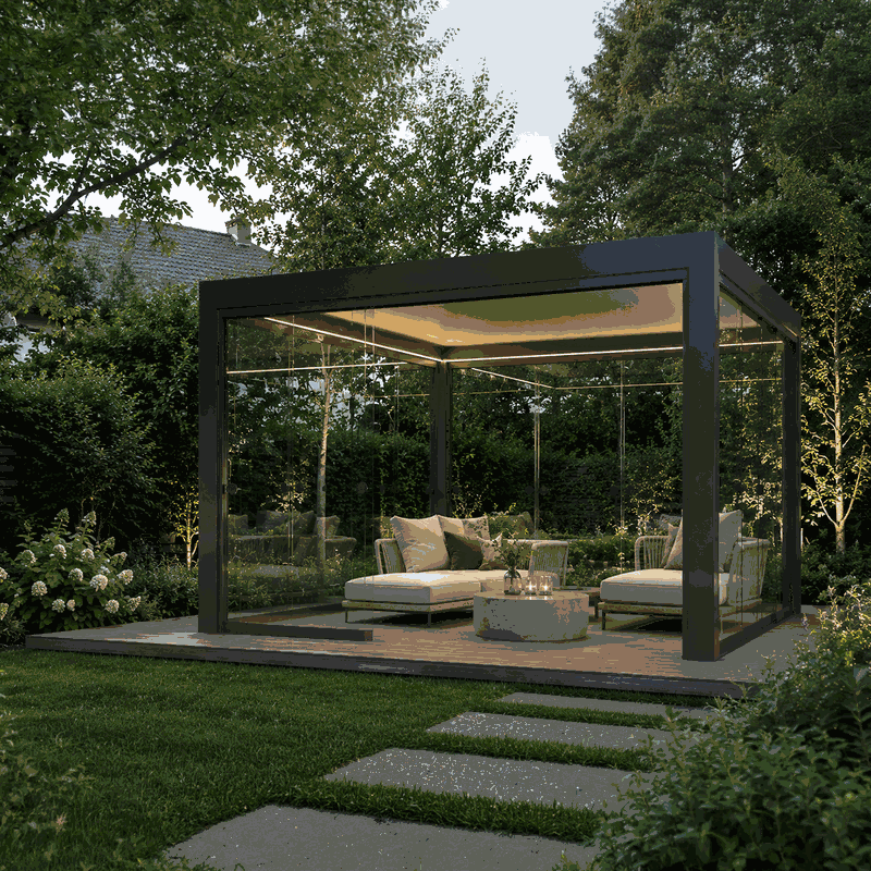 Pergola med lukkede taklameller som leder regnvann mot rammen