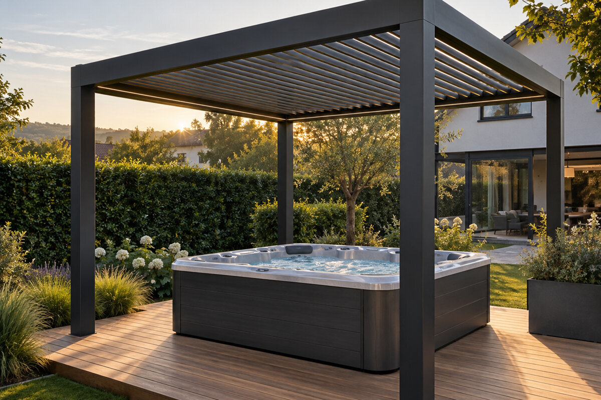 Pergola over boblebad: størrelse, lufting og værskjerming
