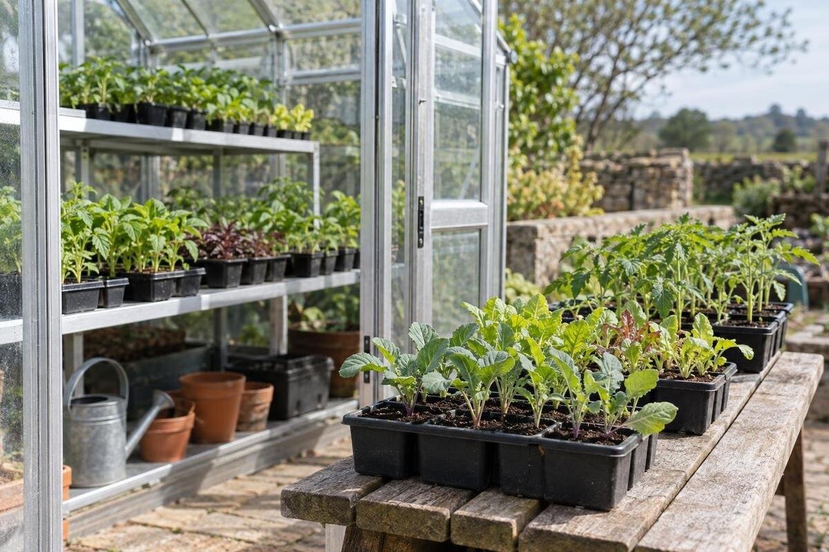 Herd småplanter fra drivhuset før utplanting