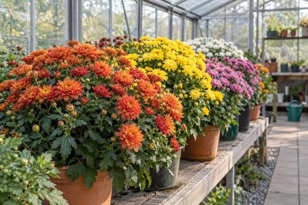 Krysantemum i drivhus: støtte, daglengde og blomstring