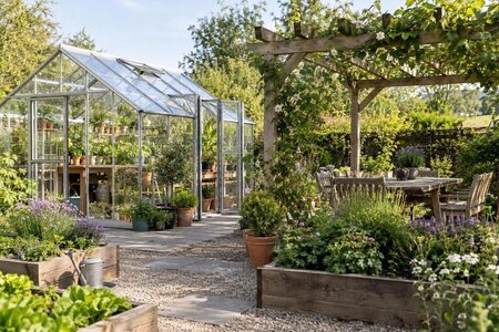 Kombiner drivhus og pergola i samme hageplan