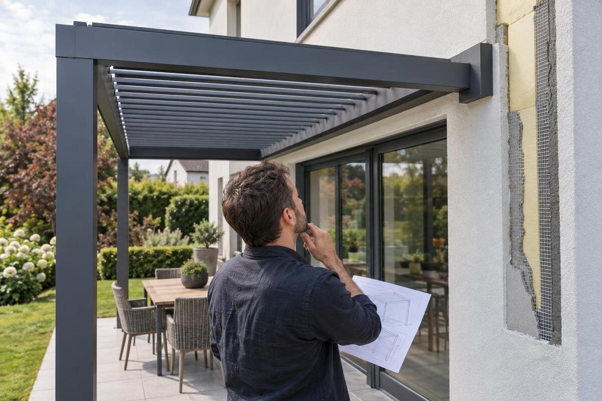 Pergola ved yttervegg med utvendig isolasjon