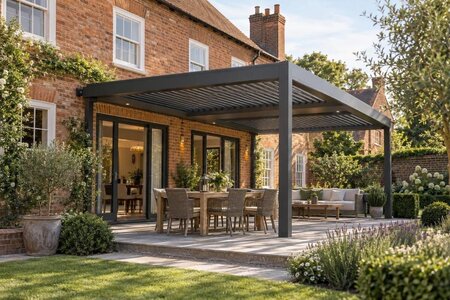 Slik planlegger du pergola ved et tradisjonelt teglhus