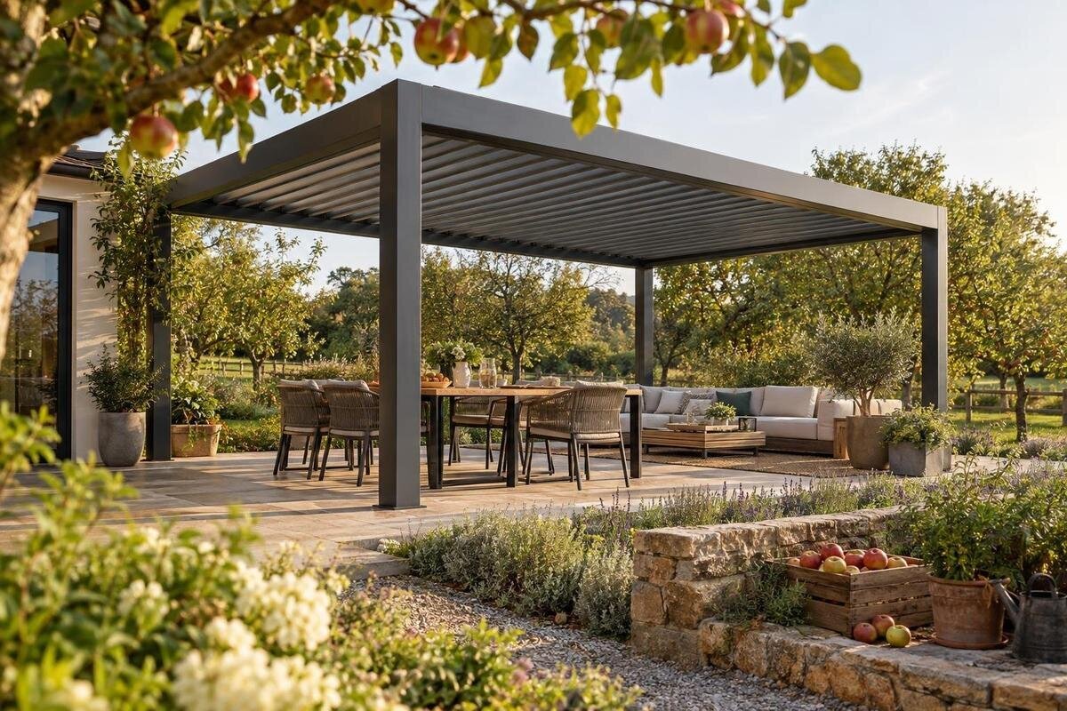 Slik kjøper du en stor pergola til spise- og loungeområdet