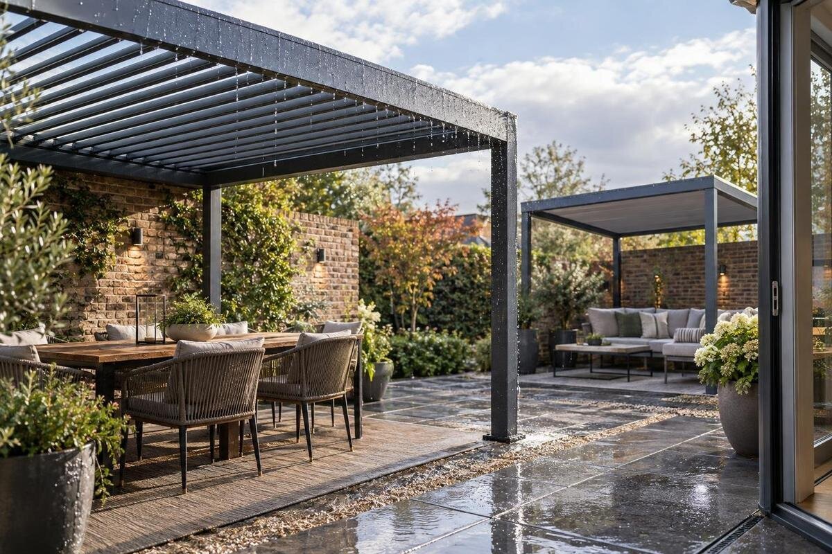 Kjøpe pergola mot regn: begrensninger ved tak og drenering