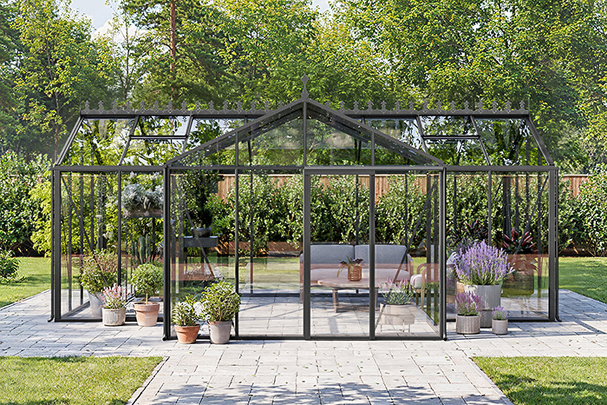 T‑modell drivhus i aluminium – Stilrent orangeri for helårsbruk