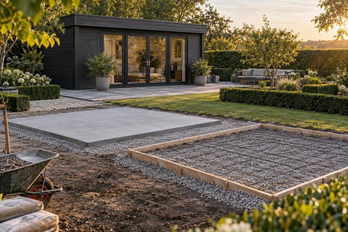 Betongplate som fundament for et hagehus i tre