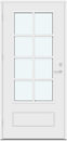 Profilert panel, 1 vannrett rektangulær fresing og 1 loddrett rektangulært glass med sprosser